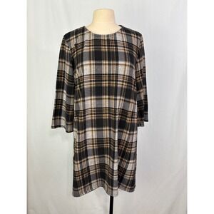 Tacera Womens XL Plaid 3/4 Sleeve Knit Shift Dress Black Brown 8188H-175